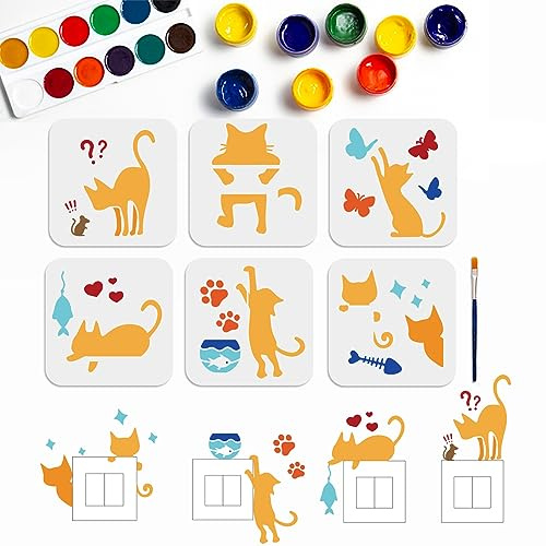 MAYJOYDIY 6 Stück Verspielte Katze Schablonen 15×15cm Schmetterlings Aquarium Malschablone Fischgräten Tier Vorlage Mit Pinsel Für Holz Wände Fenster Heimwerkerarbeiten