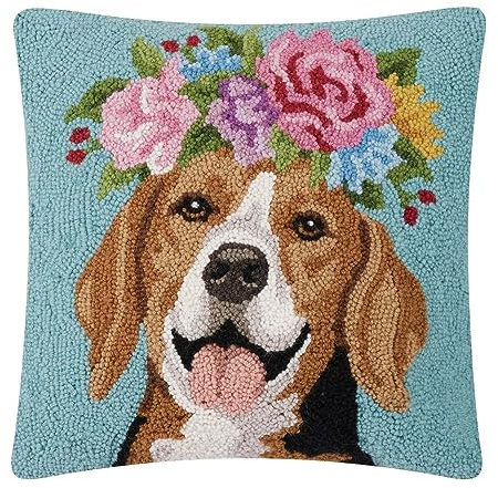 Peking Handicraft Floral Beagle Poly Fill Hook Throw Pillow, 18-inch Square, Home Decoration
