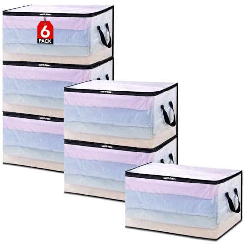 Lifewit 6 Pack Plastic Clothes Storage Bags, 60L Foldable Storage Containers Closet Organizers and Storage Moving Bags with Sturdy Zipper Lids Reinforced Handle for Bedding, Blanket, Comforter