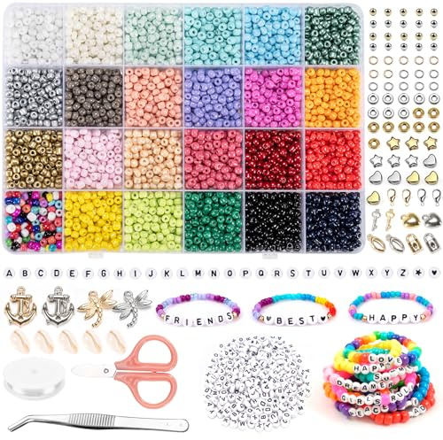 4000+ perles pour bracelet, 4mm perle de rocaille couleurs kit, 300 perles Lettres avec cordon élastique et ciseaux pour Adulte Enfant Noël anniversaire création de bijoux bracelets collier