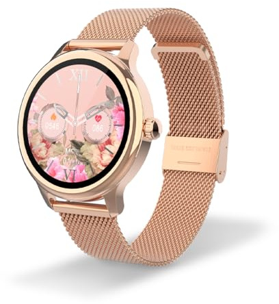 DCU TECNOLOGIC - Smartwatch Sophie - Reloj Inteligente Mujer Rose Gold Case con Correa de Metal Color Oro Rosado - Pantalla táctil HD 1,2'' - IP67 Impermeable - 22 Modos de Deporte - App Smart DCU