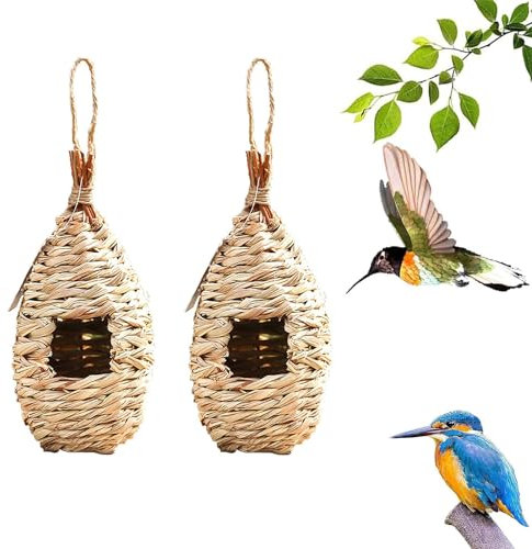 2 Stück Gras Bird Nest, Handgewebte Vogelhäuser, Verschleißfest Hängender Vogelnest, für Wellensittich Meise, Kanarienvogel, Amsel, Hummingbird