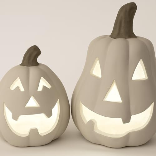 khevga Kürbis Deko Keramik: Windlicht Herbstdeko im 2er Set Halloween Dekoration beleuchtet LED (weiß mit LED-Timer)