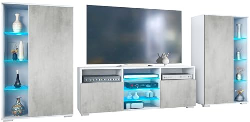 Vladon Wohnwand Davos, Anbauwand bestehend aus 2 Vitrinen und 1 TV-Board, Weiß matt/Beton Oxid Optik inkl. LED-Beleuchtung (329 x 134 x 35 cm)