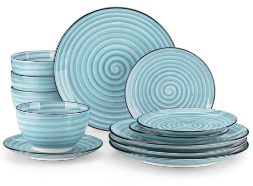 vancasso BONBON Tafelservice, 12-teiliges Tafelservice für 4 Personen, Doppelseitig Handbemalte Wirbel Teller und Schüsseln, inklusive Speiseteller, Dessertteller und Müslischale, Blau