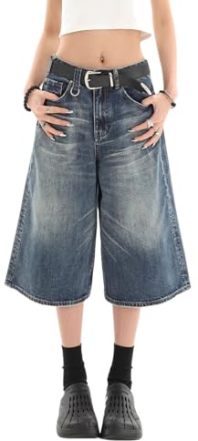 Lafaguw Jean Court pour Femme et Homme - Taille Haute - Jambe Large - Baggy Jorts Y2K - Décontracté - Pantalon Capris en Denim - Vêtements d'été Grunge., Bleu 1, Large Court