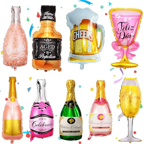 Champagner Folienballon, 9 Stück Luftballons Set Wein Flaschen, XXL Bier Ballons,Wein Flaschen Heliumballon, Weinglas Riesenballon, für Geburtstag Urlaub Hochzeit Bierthema Party Dekoration