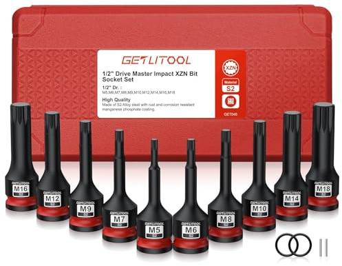 GETLITOOL 1/2 Kraft Vielzahn Bit Steckschlüssel Satz, 10tlg S2-Stahl Kraft XZN Bit Einsatz Satz M5-M18, Länge 78 mm Vielzahn Kraft Schlagschrauber Nüsse Satz Innenvielzahn für XZN