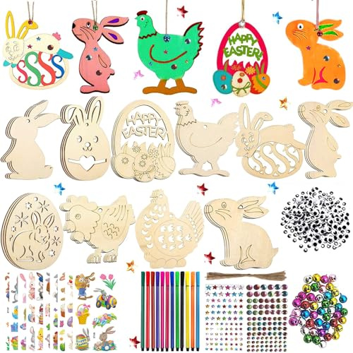 Generisch Ostern Basteln Kinder, 358 Stück OsternBasteln für Holz, Ostern Deko mit DIY, Osterdeko, Basteln Ostern, Ostereier Zum Bemalen, mit Aquarellstifte, GlöCkchen, Augen, Strasssteine, etc