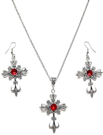 Dishowme Kristall Kreuz Halskette Ohrringe Sets Gothic Strass Kreuz Halskette 3Pcs Punk Christian Pray Crucifix Schmuck für Damen Frauen (Rot)
