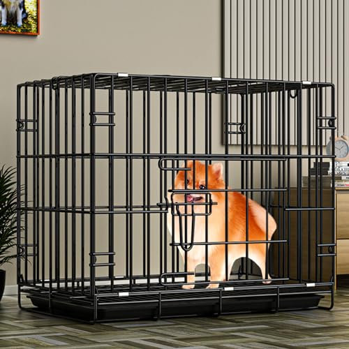 Generisch Haustierkäfig, (Haustierkäfig,(Kleine Hundebox mit Doppeltüren, zusammenklappbarer Haustierkäfig aus Metall, tragbarer Hundezwinger für drinnen und draußen mit Kunststofftablett, Laufstall