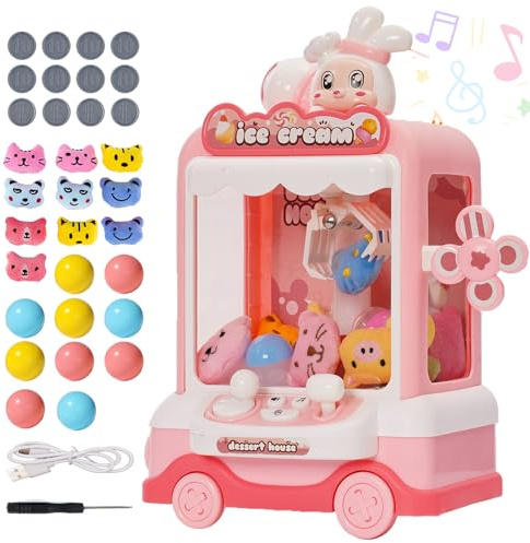 Claw Machine Mini Arcade Machine Toy with 10 Dolls ,10 Twist Claw Machine Toys Mini Doll Grabber with Light and Music Rabbit Decoration Interactive Toy Crane Game for Kids Boys and Girls 3+,Pink