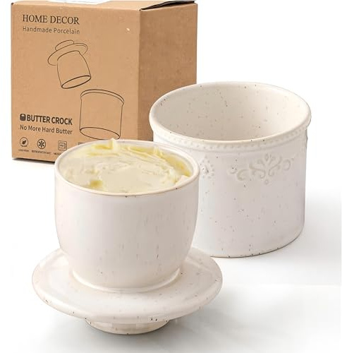 HOME DECOR French Ceramic Butter Crock with lid- Speckled Cream | water-sealed fresh keeping, reactive glaze ceramic, relief embossed design, dishwasher safety,170g / 180ml capacity
