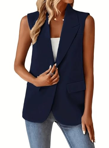 Chaleco De Mujer Elegante,Blazer Sin Mangas para Mujer, Estilo Vintage, con Solapa con Muescas, Largo, para Oficina, con Forro Completo, Chaqueta De Un Botón con Bolsillos, Talla Grande, Color Negr
