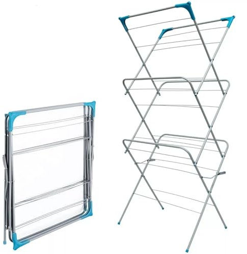 3 Tier Folding Clothes Airer, Indoor & Outdoor Drying Rack, Lightweight, Foldable, Non-Slip Feet, Corner Hanger Hooks, Compact Laundry Dryer for Home Storage, Standing Dry Racks, Clothes rail (WHITE)
