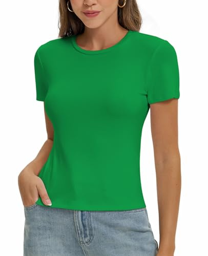 Women's Top Short Sleeved Shirt Slim Fit Basic T-Shirt Summer Tops Cotton Blouse(Green-F1,M)