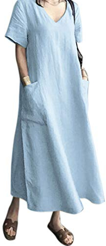 Kvruhuiy Women's Casual Dresses Summer Linen Dress Short Sleeve V Neck A Line Cotton Beach Maxi Sundress with Pockets S-3XL
