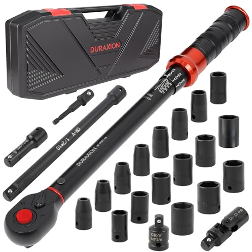 23PCS 1/2-Inch Drive Torque Wrench Set, 10-170FT.LB/13.6-230.5Nm, 1/2 Drive Click Torque Wrench Set, 72-Tooth Dual-Range, ±3% Precision Adjustable Torque Wrenches for Cart, Motorcycle, Lug Nut