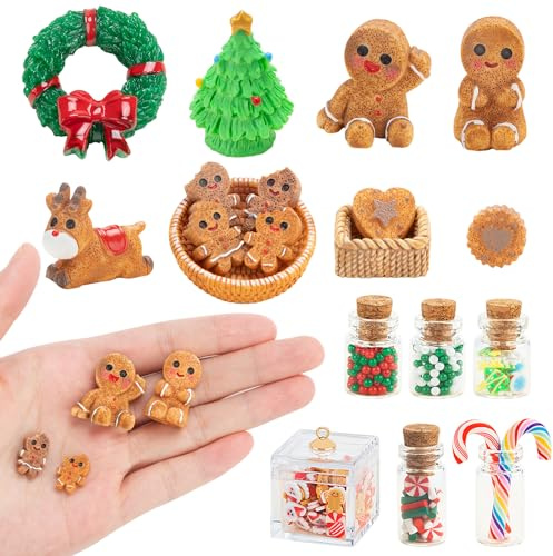 Kiiwah Gnomo Navidad, 19 Piezas Miniaturas Navidad, Figuras de Resina Navideñas Accesorios Miniaturas mit Hombre de Jengibre, Árbol de Navidad y Corona, Galletas y Tarro de Dulces