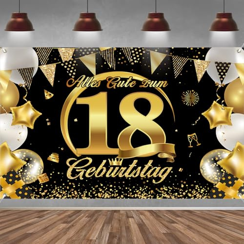18. Geburtstag Banner Junge Mädchen Deko Schwarz Gold 18 Geburtstag Hintergrund Banner, Extra Große Stoff Schild Poster für 18. Geburtstagsparty Deko, 210x150 cm