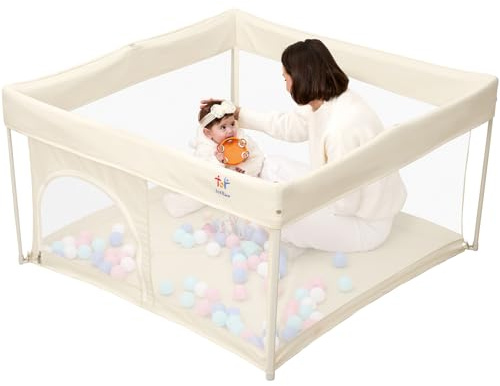 Laufstall für Babys Klappbar 127x127 cm | Tragbarer Spielstall mit Atmungsaktiven Mesh-Wänden & Sicherheitsverschluss, Indoor Spielgehege (Beige)