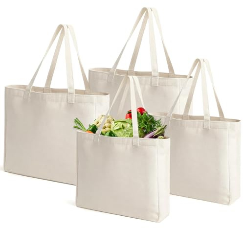 DHSWNNG 4 Stück Baumwolltasche, Groß Jutebeutel Unbedruckt Stoffbeutel Baumwolle Baumwollbeutel Einkaufstasche Unbedruckte Stofftaschen zum Bemalen für Einkauf (45x35x15cm, 40×30×10cm)