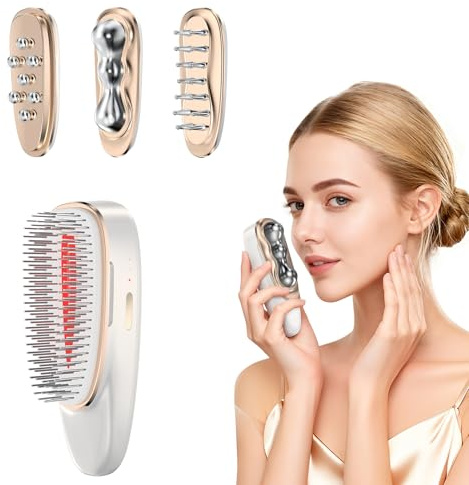 Vitalight Gesichts- und Nacken-Massagegerät mit 4 austauschbaren Massageköpfen, Kaltwärme-Gesichtsmassagegerät, Haarwachstumskamm mit rot/violettem Licht, multifunktionales Gesichts-, Hals