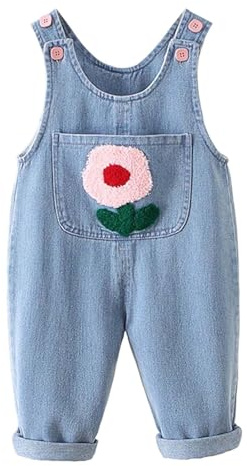 Salopette da bambina con ricami floreali, graziosi pantaloni jeans per bambini e abbigliamento da gioco, morbidi e confortevoli, ideali per l'uso quotidiano