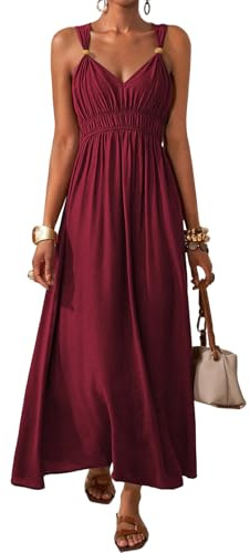 LIAMERHE Robe Longue Femme Été Maxi Décontractée Col en V Bohème Bordeaux L