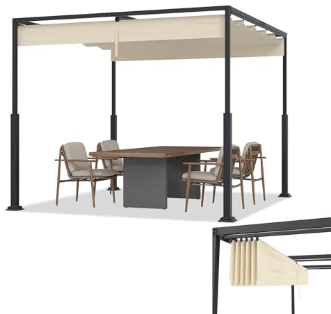 TATIVALO 3×4 m Freistehende Metall Pergola Beige mit Schiebedach, wetterfest, Pulverstahl, UV- und wasserdicht, Lamellendach, Winterfest, Sonnenschutz für Garten, Terrasse, Balkon, Partyzelt