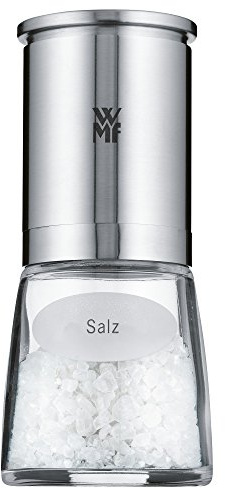 WMF De Luxe Salzmühle 14 cm, befüllt, Cromargan Edelstahl, Glasbehälter, Keramikmahlwerk, Mühle für Salz, Meersalz, Himalaya Salz