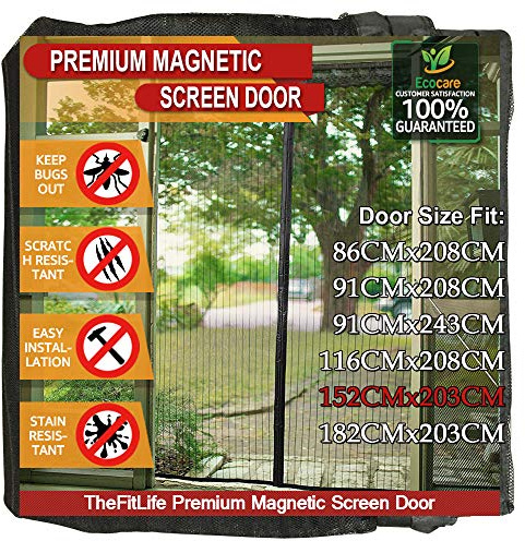 TheFitLife Magnetic Fly Screens for Doors - Heavy Duty Mesh Curtain with Full Frame Hook and Loop Powerful Magnets that Snap Shut Automatically (Black 158x206cm - Fits Doors up to 152x203cm Max)