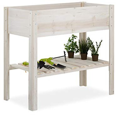 Relaxdays Hochbeet, Balkon, Terrasse & Garten, Holz, mit Stauraum, Rückenschonend, HBT: 80x88x44 cm, Kräuterbeet, weiß