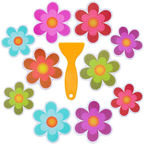Pack de 10 Autocollants de Douche Imperméables Antidérapants avec Grattoir Premium (Design de Fleurs, Taille 9,5 x 9,5 cm)