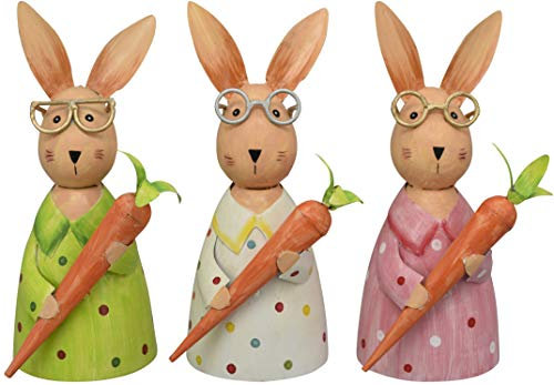 Pommerntraum ® | 3-er Set!!! Zaunfiguren Zaunhocker Pfostenhocker Dekofiguren Gartendekoration Hasen Osterhasen mit Brille + Möhre