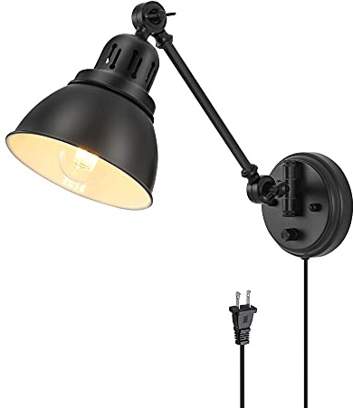 GOODATE Plug in Wall Sconces, Wall Sconce Lighting with Dimmable On Off Switch, Swing Arm Wall Lamp, Black Metal Industrial Wall Light Fixtures, Safety E26 Base, 6FT Plug in Cord
