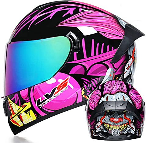 Herren und Damen Integralhelm Motorrad DOT Approved Motorrad Moped Street Bike Racing Sturzhelm, Herren und Damen mit grafischer Anti-Fog Doppel-Sonnenblende,Pink clown c,S 55~56cm
