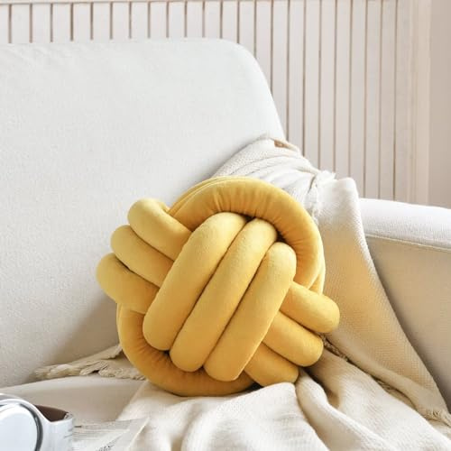 Wadser Soft Knot Ball Throw Pillow Home Decor Cushion Plush Throw Knotted Pillow Handmade Round Pillow Knotted Bedroom Decor, Yellow, 11.8x11.8''