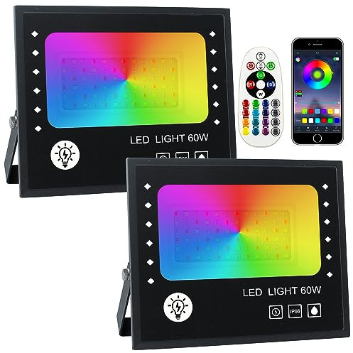 Faro LED Esterno RGB,OUSIDE 60W Faretto LED RGB,Con APP Bluetooth e Telecomando IP66 impermeabile 16 milioni di Colori Regolabile Proiettore per Giardino,Cortile(2 pezzi)