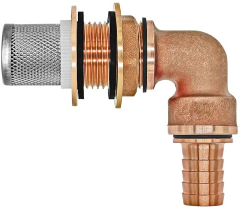 MegaHaustechnik Regentonnendurchführung Winkel 90 Grad, Messing, für 43mm LochØ AG 1 1/4“, Wandung max. 19mm, Dichtband, mit Schlauchtülle AußenØ 25mm für 1“ Schlauch, Edelstahl Filterkorb, Fass