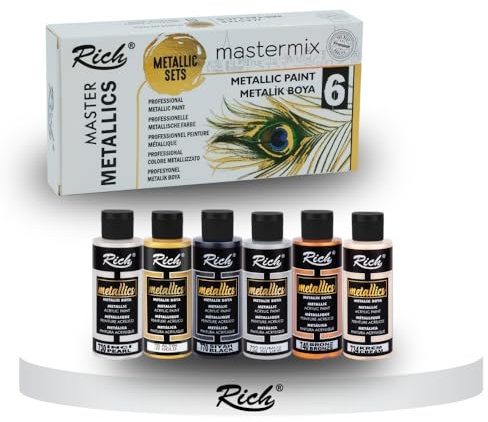 Rich Acrylic Metallic Paint Set, 6 x 60 ml, Metallic Paint, Acrylic Paints on Water-Based, Acrylic Paint for Wood, Canvas, Clay, Stones & Plaster - Acrylic Paint for Model Making and Crafts, for