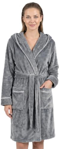 Gräfenstayn Accappatoio donna soffice con Cappuccio - Pile coccoloso - Oeko-Tex Standard 100 - Vestaglia corta - Taglia (M, Grigio)
