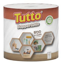 Tutto Asciugatutto Bobina Dappertutto, 1 Rotolo di Carta Multiuso, 2 veli, 500* Strappi per Rotolo, Extra Assorbente e Ideale per Superfici in Legno o Metallo, Made in Italy
