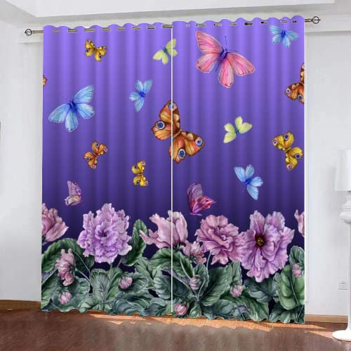 HABEAT 3D Schmetterling Vorhänge Abdunkelnde Lila Blumen Kindervorhänge Vorhang mit ösen 2er Set Gardinen Blickdicht Verdunkelungs für Kinderzimmer Schlafzimmer Wohnzimmer B 150 X H 166 cm