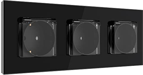 PULSAR Dreiersteckdose mit Deckel IP44 Steckdose 16 A / 250 V in Schwarz mit Glasramen 3 Fach Unterputz Steckdose mit Berührungsschutz Dreifach Wandsteckdose Geeignet für Küche Badezimmer
