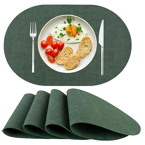 Tischsets Platzsets Abwaschbar Platzset Oval PU Leder Platzdeckchen 4er Set | Rutschfest Hitzebeständig Platmats für Esstisch Küche Grün