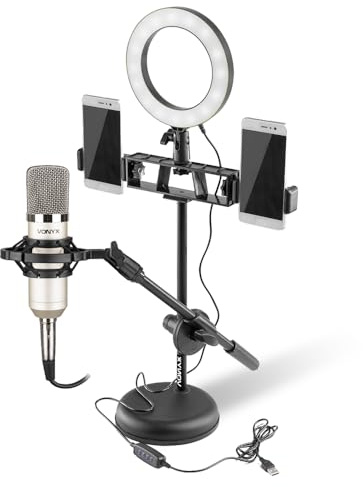 VONYX RL20 Content Creator Kit - Desktop Ring Light with CM400 Studio Microphone, USB Powered LED, Dual Phone Holders, Desktop Stand, Streaming, Podcast, YouTube, TikTok, Recording Bundle