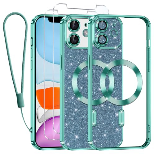 Kokio Handykette für iPhone 11 Hülle mit Band, [Kompatibel mit MagSafe] Glitzer Magnetisch Handyhülle für iPhone 11 mit 2 Stück Schutzfolie Stoßfeste Silikon Schutzhülle, Grasgrün