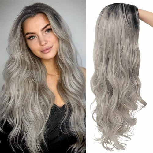 Silber Grau Lang Lockig, Lange Graue Ombré Perücke, Damen Perücke mit Haarnetz, für Halloween Karneval Cosplay Kostüm Party