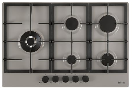 SCHOCK | Table de cuisson 5 feux gaz professionnel PC75 avec poignées noires mates Soft Touch, grilles en fonte, valves de sécurité, gris taupe, 740 x 500 mm